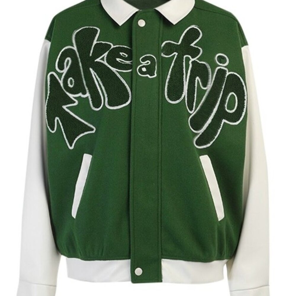 HOUSE OF SUNNY TAKE A TRIP GREEN VARSITY BOMBER JACKET